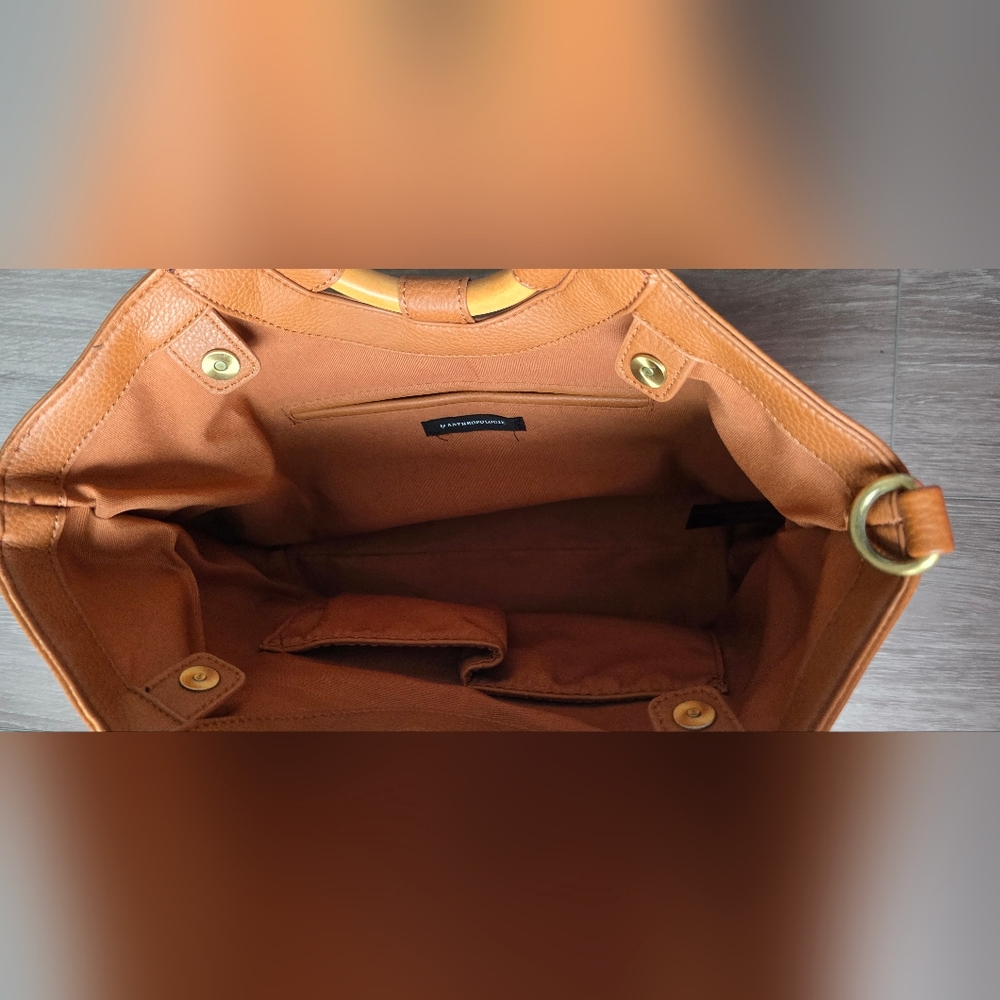Anthropologie Amalia Wood Ring Handle Tote Bag Tan Vegan Leather Boho - Picture 6 of 6